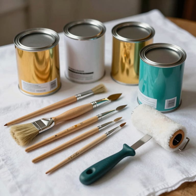 A collection of high-end painting tools including clean brushes, rollers, and premium paint cans in gold and teal colors arranged on a white drop cloth.