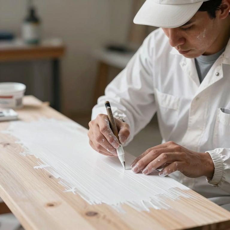 A professional painter in white work attire carefully applying a finishing coat of white paint to a sleek wooden surface, focused on detail work.