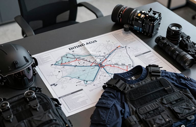 A high-contrast photograph of professional tactical gear and a strategic planning map laid out on a dark desk in a modern office, emphasizing intelligence and preparation. Colors include dark navy and gray-blue.