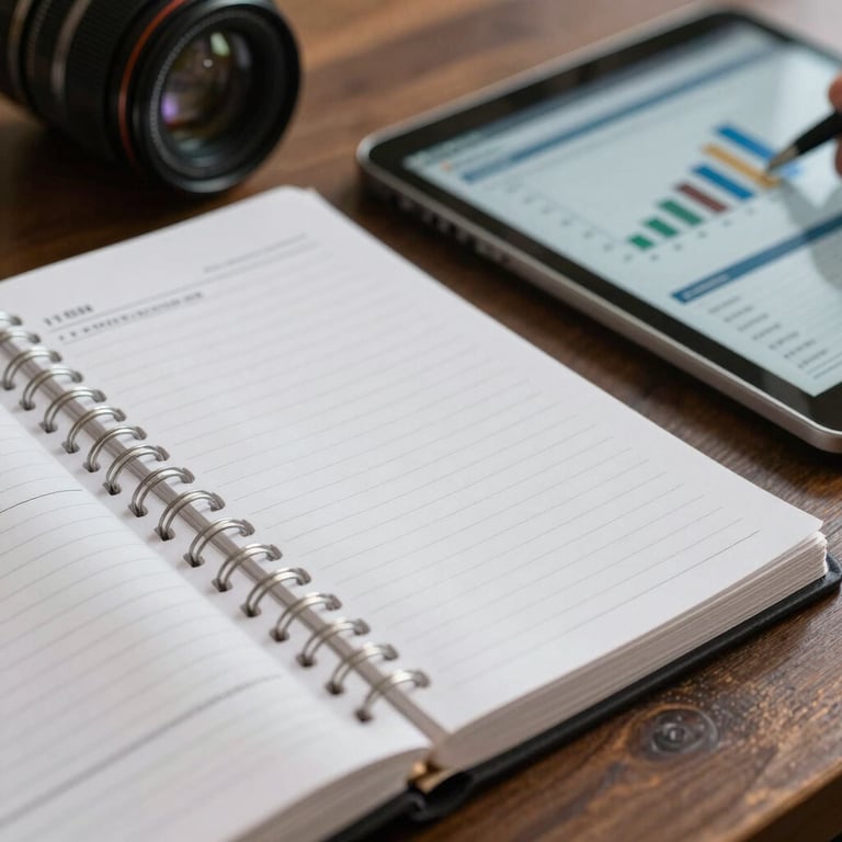 Close up of a professional ledger and a digital tablet showing financial charts in a South American corporate setting, highlighting efficiency.