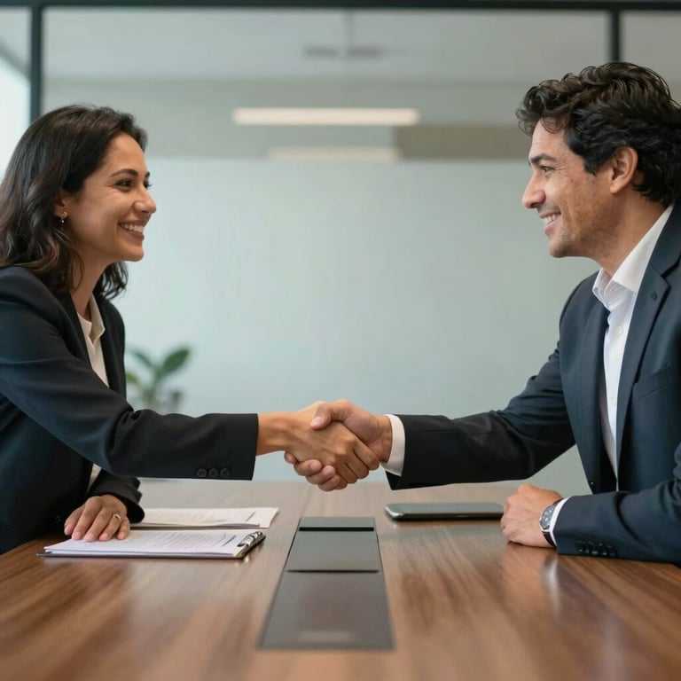 Two Brazilian business professionals in a respectful handshake across a conference table in a modern office.