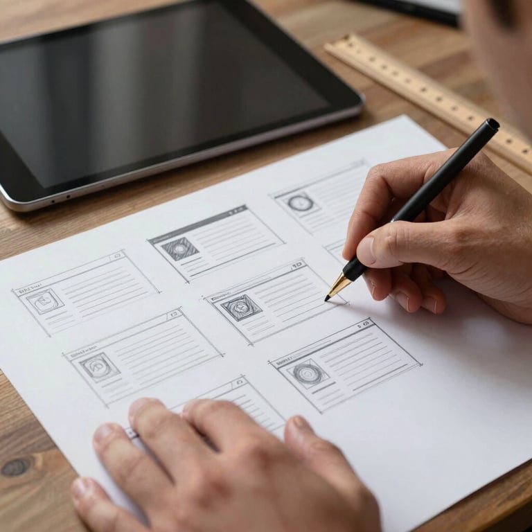 A photograph showing a designer's hands sketching website wireframes on high-quality paper, next to a tablet and a small wooden ruler, North American / US.