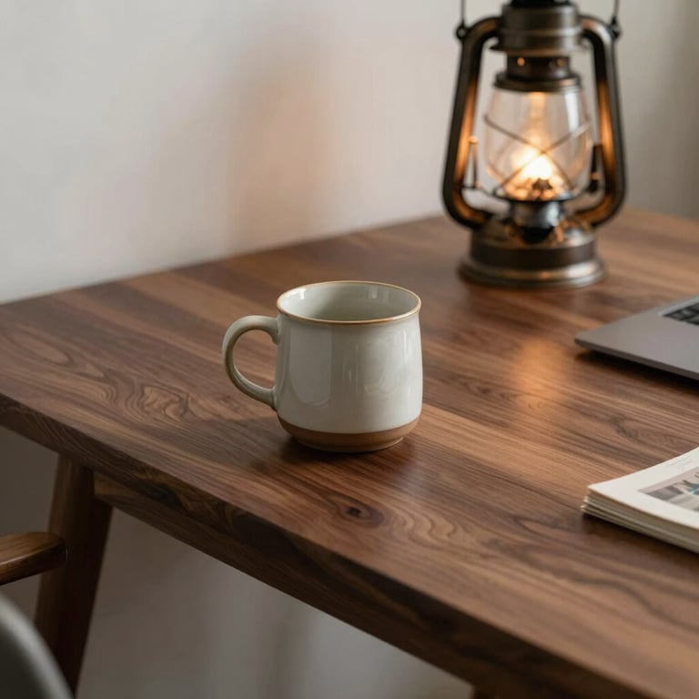 A cozy, modern indoor setting featuring a ceramic mug and a vintage lantern on a desk made of dark mountain walnut wood, North American / US.