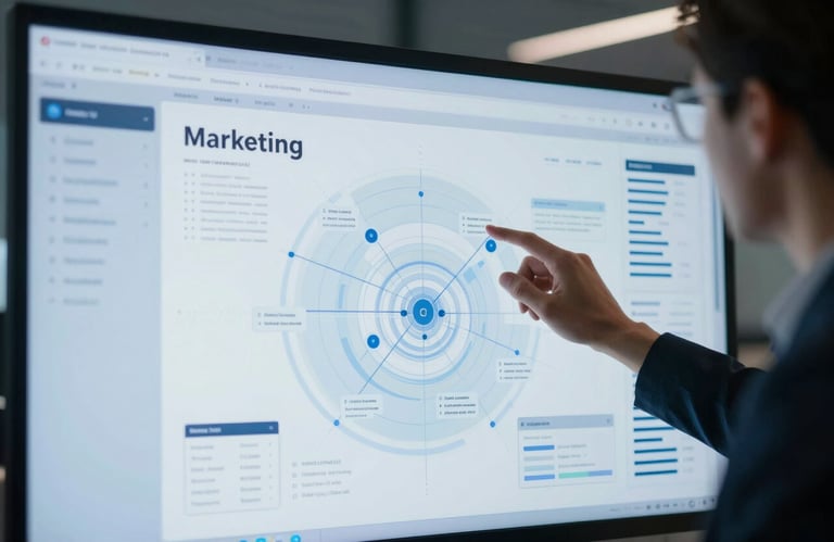 A professional analyzing a complex digital marketing map on a large screen. High-tech, innovative feel, using a sophisticated lighting setup with #4A6E82 tones.