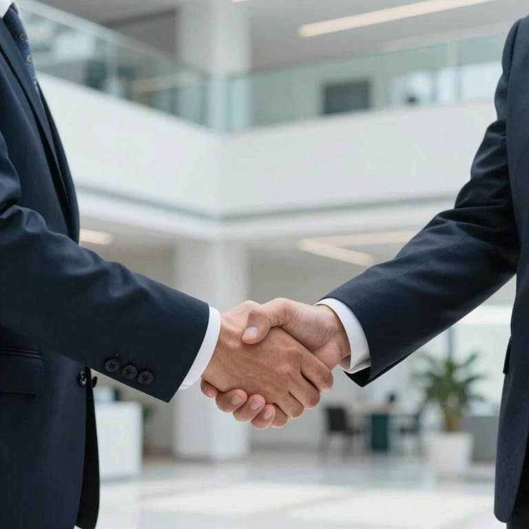 Photography of a firm handshake between professionals in a bright, modern lobby in Spain. The background features light blue gray tones and clean architectural lines.
