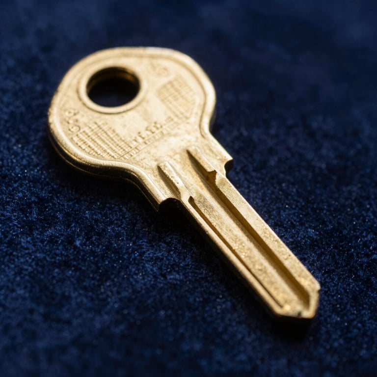 Macro photography of a gold house key resting on a dark blue velvet surface. Dramatic lighting highlights the metallic texture and professional focus.