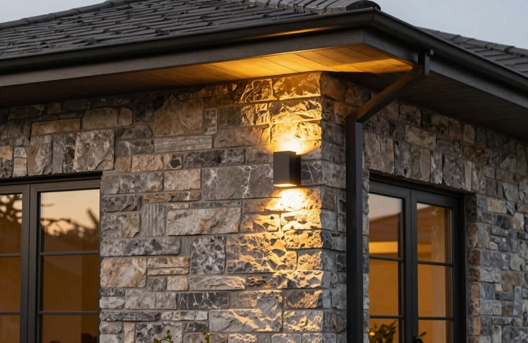 A close-up of a modern home exterior in the US featuring stone textures and gold-toned outdoor lighting. Professional architectural photography.