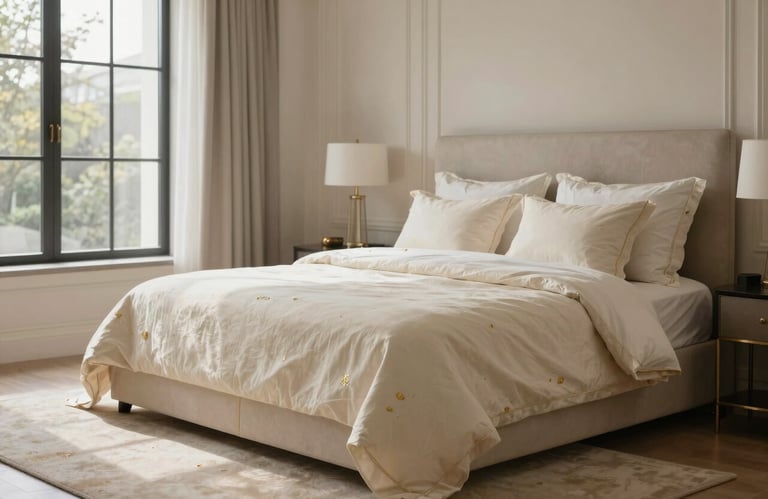 An elegant master bedroom in a luxury North American house, styled with creamy parchment linens and subtle gold accents. Natural light.