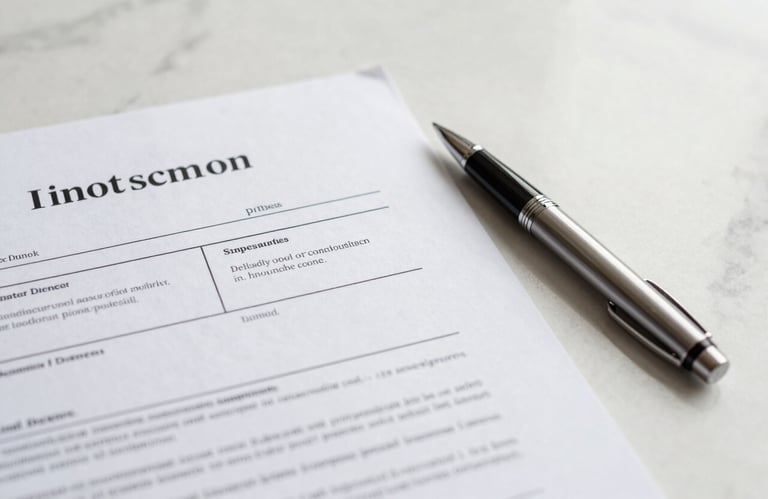 A close-up of professional legal documents and a luxury pen on a clean, off-white marble surface, shot with minimalist composition.