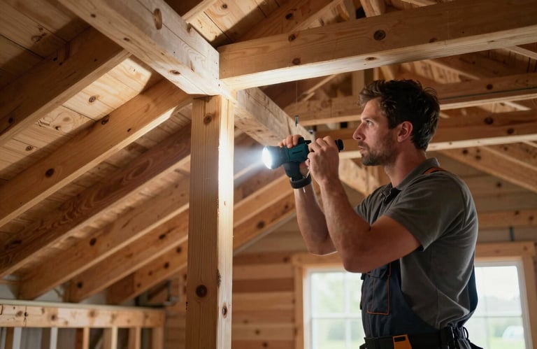 Action photography of a professional technician using a flashlight to inspect a tidy attic space in a North American / US residential building.