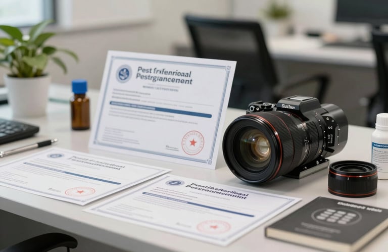 High-detail photography of professional pest management certifications and equipment on a clean surface in a modern North American / US office setting.
