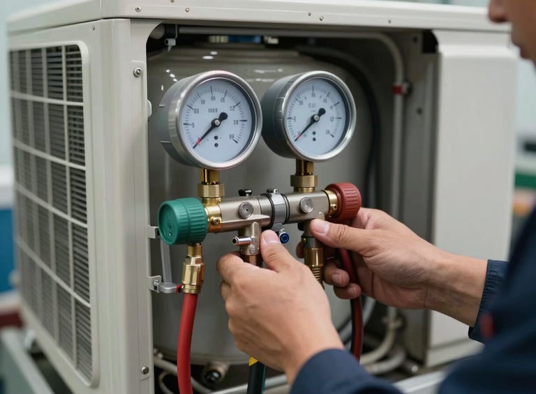 Medium shot of a technician's hands using a manifold gauge set to check refrigerant pressure on an air conditioning unit, dial gauges in sharp focus, hoses connected to service ports, site overhead lighting, slightly underexposed, no faces visible, hands and tools only