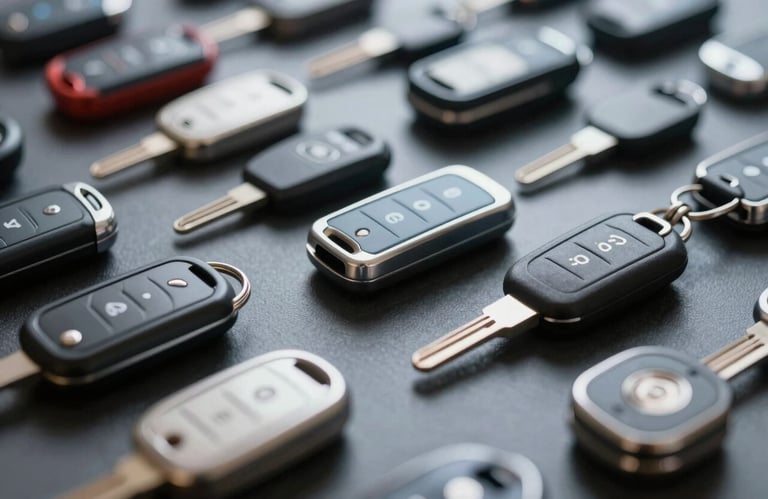 A collection of various modern automotive key fobs and mechanical keys neatly arranged on a dark surface, highlighting the diversity of models handled. Professional lighting accentuates the textures using the #8E9BAF color palette.