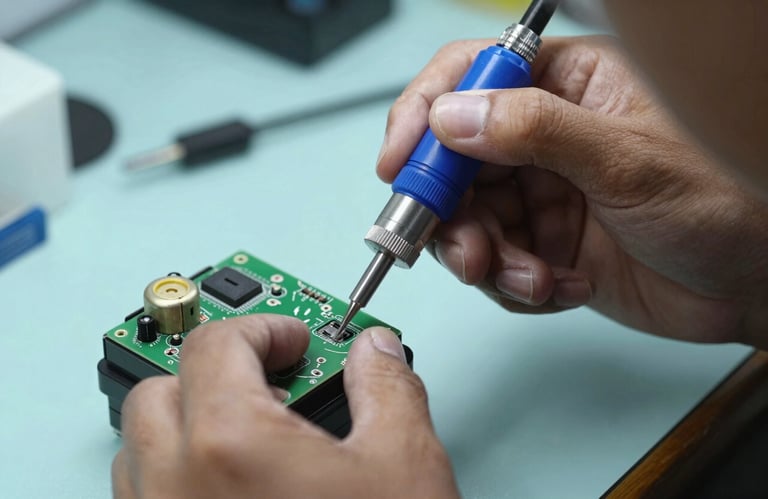 A close-up of a technician's hand using a precision tool to fix an electrical component. Clear, sharp focus in a Southeast Asian / Malaysian indoor setting. Colors: Steel Blue and Pale Sky Blue.