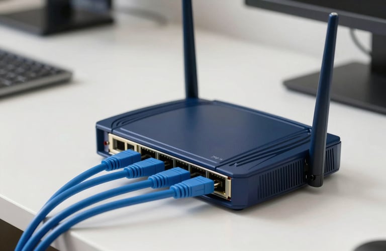 A professional photography shot of an internet router with neatly arranged blue cables on a white workstation. Southeast Asian / Malaysian home office context. Technical and clean style. Colors: Deep Navy Blue and Soft Arctic White.