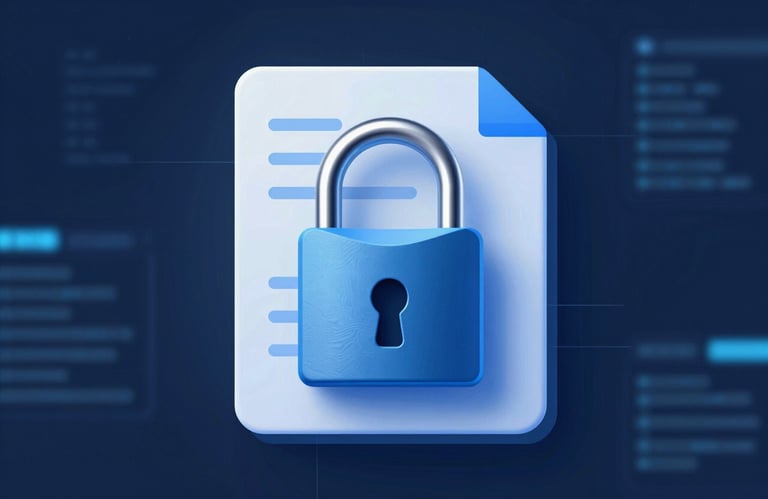 Iconography showing a blue metallic padlock sitting atop a digital document, symbolizing encryption and high-level security for PDF management.