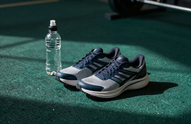 A pair of professional running shoes and a water bottle on a clean gym floor with dark forest green and deep teal shadows.