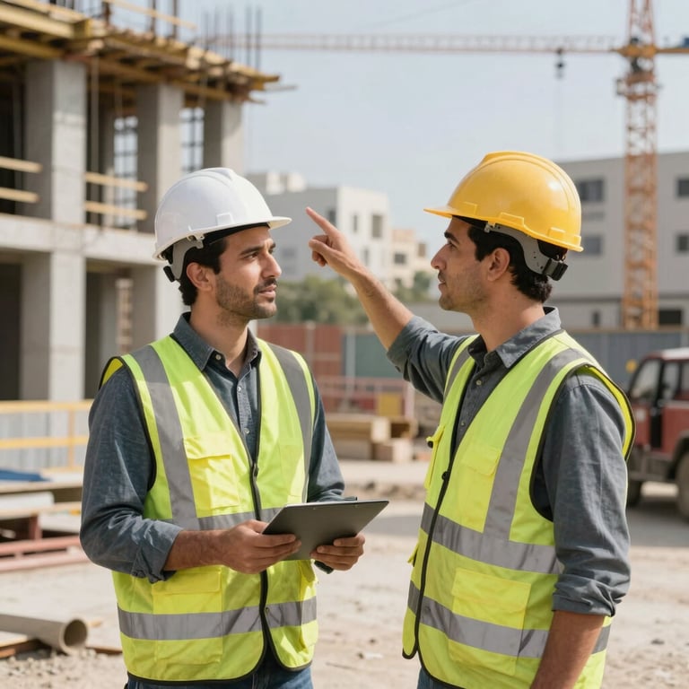 A civil engineer pointing at a structural detail on an active construction site, wearing safety gear, Middle Eastern / Anatolian urban setting.