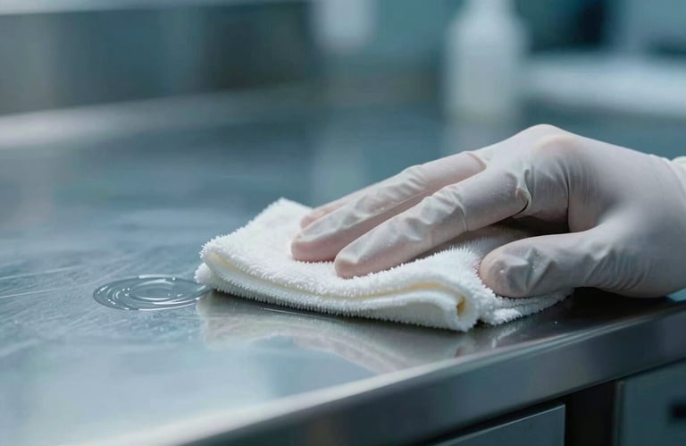 Close-up of a hand in a white glove wiping a surface to a high shine, focused lighting, Steel Blue background elements.