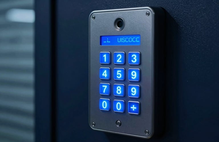 Close-up of a high-tech access control keypad with a blue glowing interface on a professional North American / US office wall. Deep Navy and Ice Blue lighting.