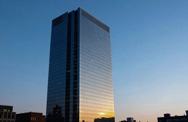 A modern skyscraper silhouette against a vibrant blue sunset in a major North American city, clean glass facade reflecting deep blue and silver light.