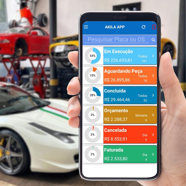 Hand holding a smartphone displaying an auto shop management app dashboard with garage work orders and car repairs.