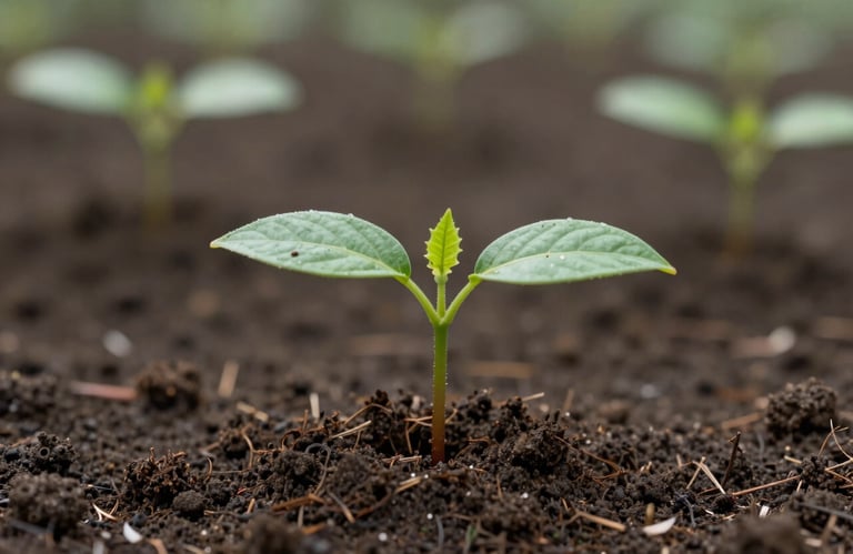 A vibrant green sapling growing steadily out of a rich, dark soil, captured with a shallow depth of field, representing financial growth and stability.