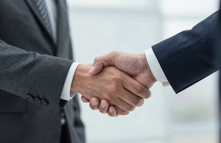 A sharp, close-up photograph of a professional business handshake between two people wearing tailored suits, symbolizing trust and commitment in a US business setting.
