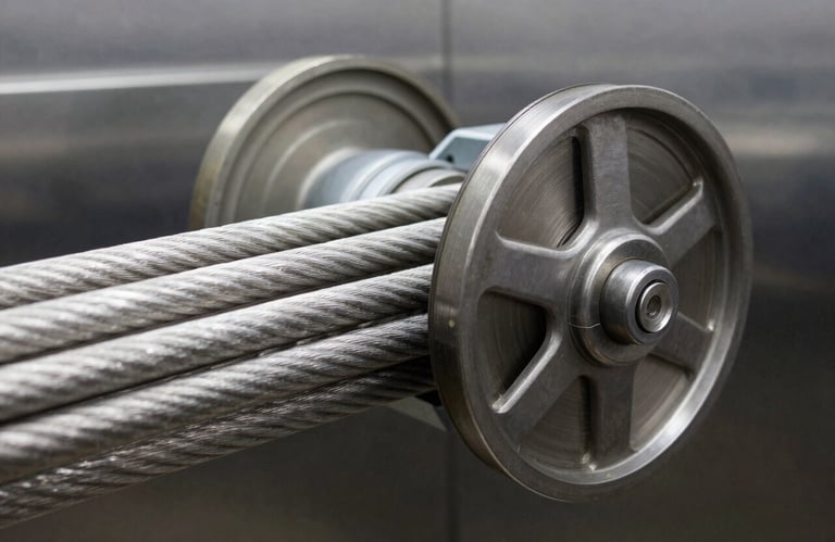 Close-up of clean, well-maintained silver steel elevator cables and a large pulley wheel in a mechanical room, bright and clear lighting.