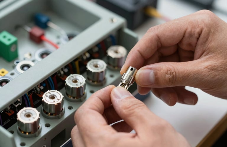 A technical macro shot of a technician’s hand testing electrical AC components in a North American / US residence.