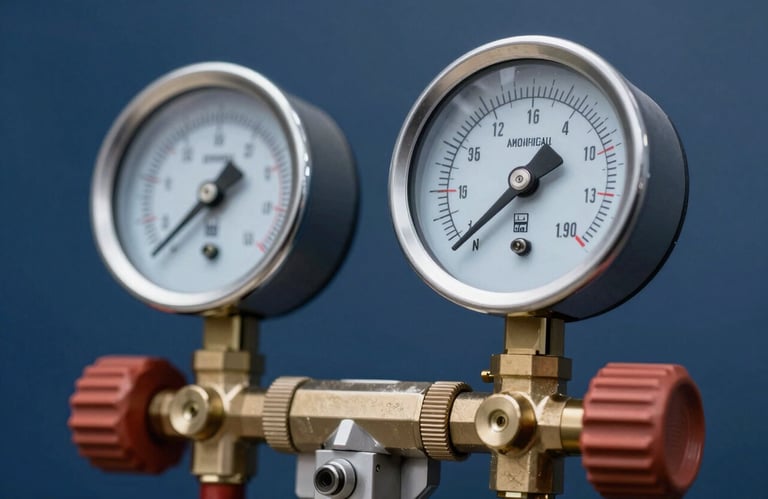 Close-up of high-quality HVAC pressure gauges and technical equipment used in North American / US service calls, set against a deep navy blue background.