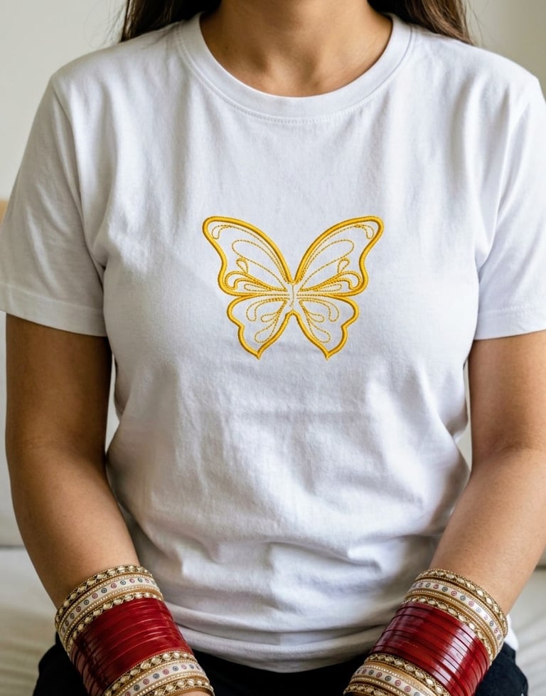 Woman wearing a white crewneck t-shirt with a yellow embroidered butterfly design.