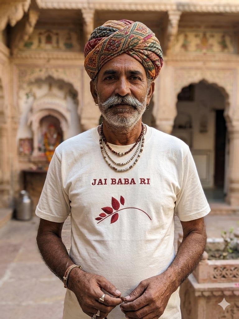 An elderly Indian man wearing a colorful Rajasthani turban and a Jai Baba Ri t-shirt in a temple courtyard.