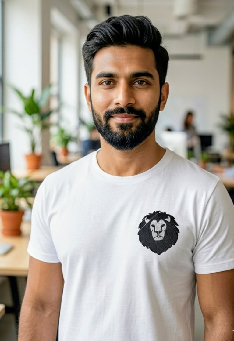 Smiling man in a white t-shirt with a lion logo standing in a bright modern office.