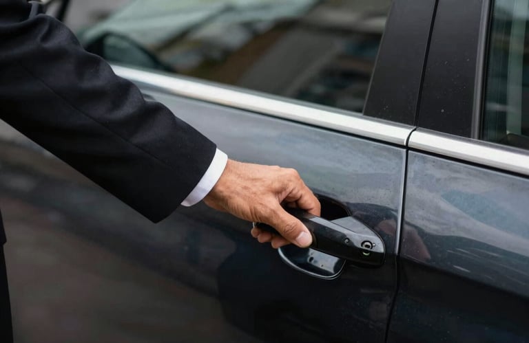 Close-up of a chauffeur's hand in a professional suit opening the car door. Deepest obsidian black car paint with muted steel blue reflections. Modern South American / Brazilian urban setting.