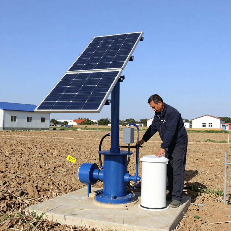 Farmer operating a solar-powered water pump system for sustainable agricultural irrigation.
