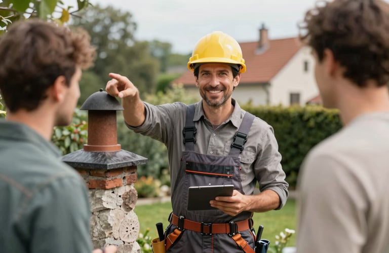 A roofer in professional attire talking with a homeowner in a garden, pointing at a chimney, friendly and professional interaction in a Central European setting.