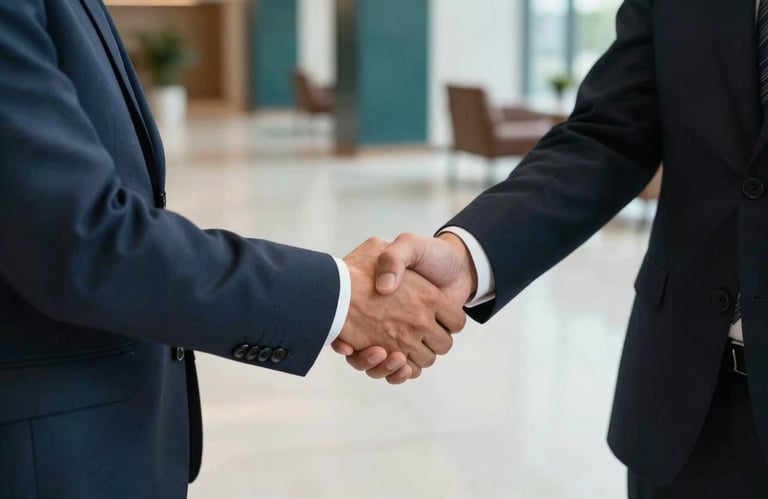 A professional handshake between two business partners in a bright, modern lobby with creamy white floors and dark teal accents.