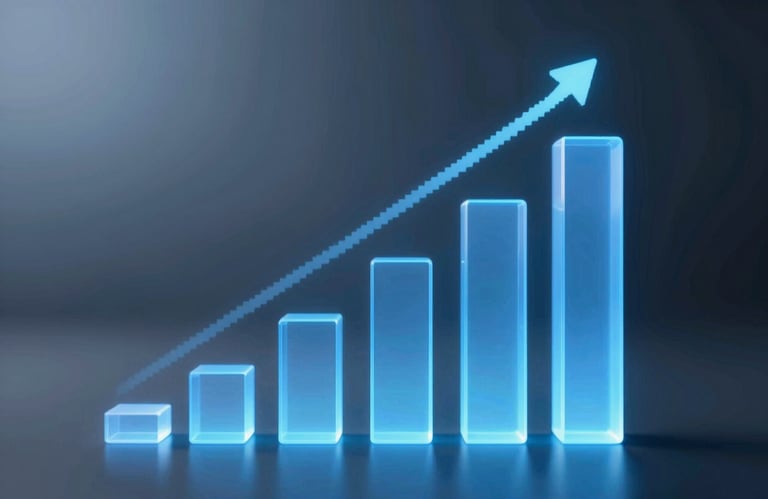 A series of growing bar graphs made of translucent blue light, representing business growth and technological scalability.