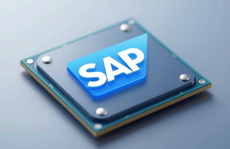 A stylized icon or close-up of a server processor with SAP-inspired blue highlights, emphasizing technical power and reliability.