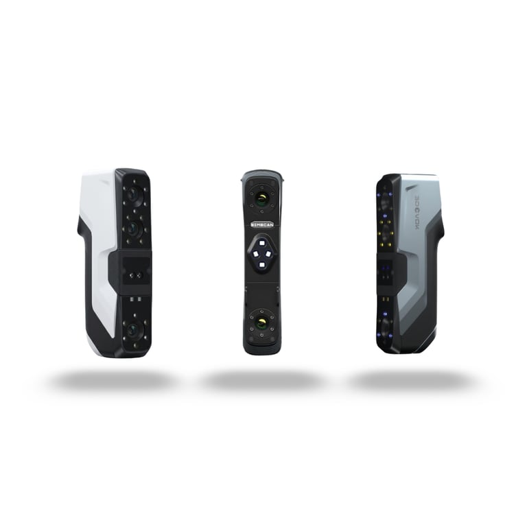 Three views of a Simscan portable 3D laser scanner for industrial metrology.