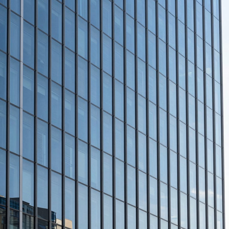 A minimalist shot of a high-end corporate building's glass facade reflecting a bright blue sky. Modern, clean lines, professional and sophisticated architecture in a North American / Spanish-speaking business district.