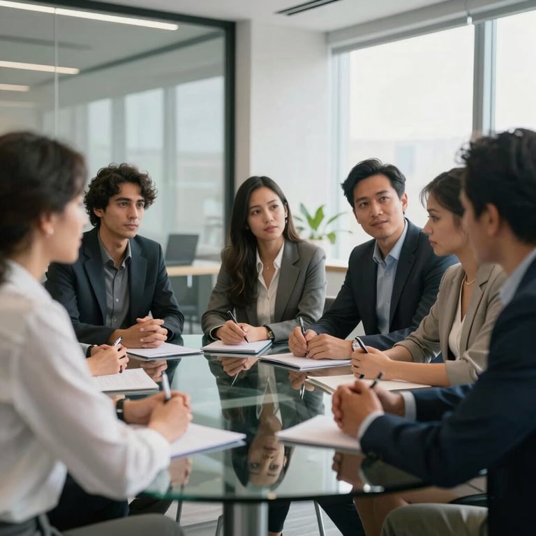 A diverse professional team in a North American / Spanish-speaking office environment having a collaborative brainstorming session around a glass table. Soft natural lighting, modern professional attire.