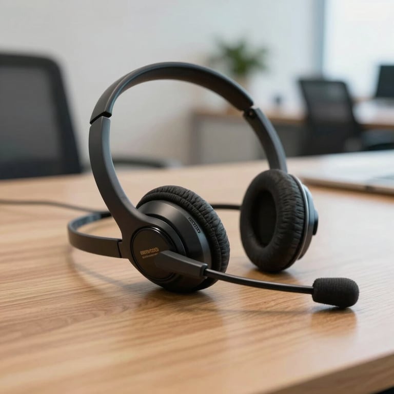 A close-up of a professional communication headset resting on a clean, wooden desk in a bright, modern South American office.