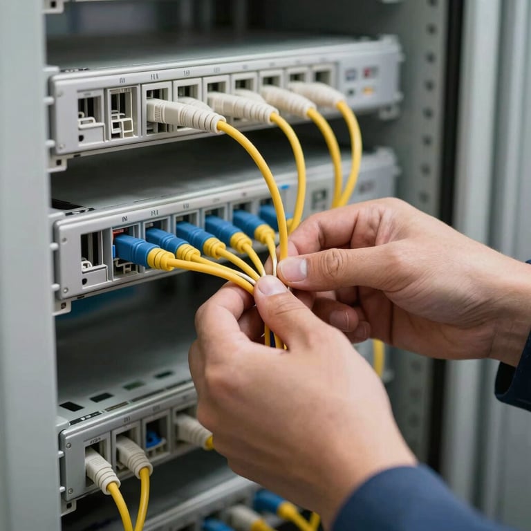An engineer's hand carefully organizing fiber optic cables in a structured cabling cabinet, soft golden lighting.