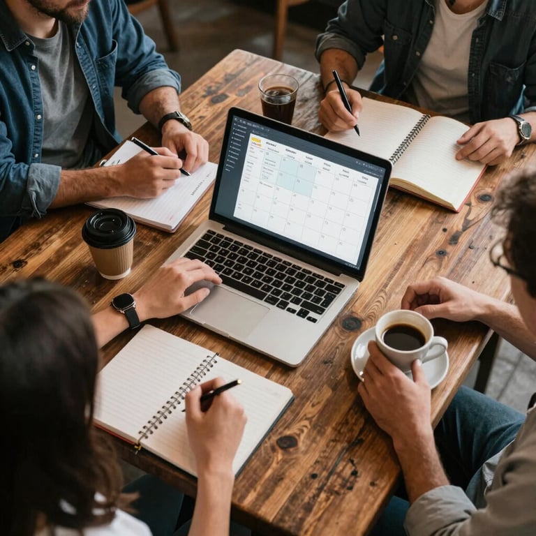 Overhead view of a rustic wooden table in a North American / US cafe where a professional team is planning a social media calendar with a laptop, notebooks, and fresh coffee.
