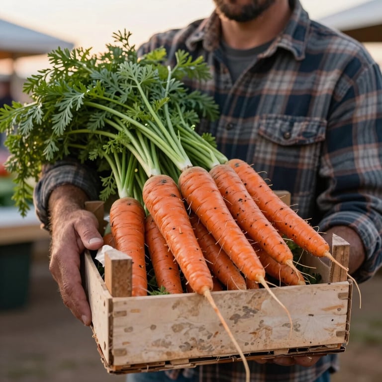 A North American / US farmer in a flannel shirt holding a crate of vibrant organic carrots at a morning market, soft sunrise lighting, earthy tones of warm stone and matte forest green.