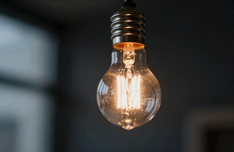 A close-up of a vintage-style bulb lighting up, signifying experience and bright ideas, set against a dark, professional background.