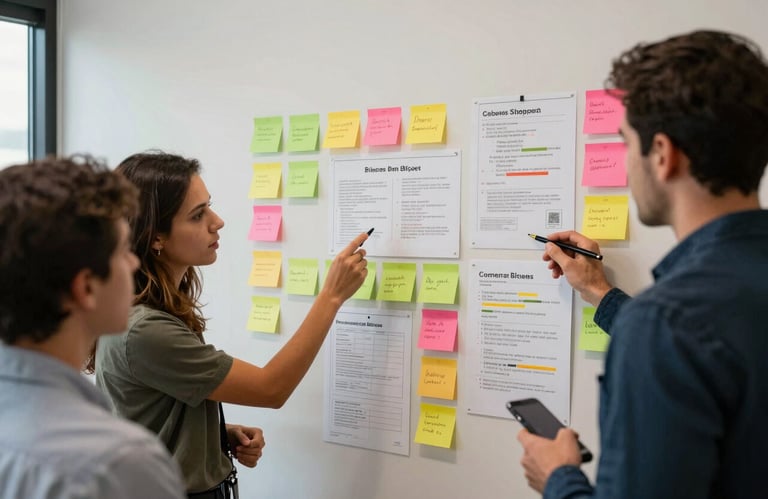 A dynamic team brainstorming session in a creative agency in Brazil, focusing on a wall covered with colorful sticky notes and sales plans.