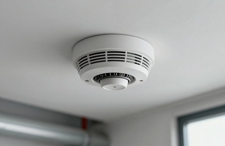 A professional smoke detector sensor on a white ceiling in a clean North American industrial space, modern architectural photography.